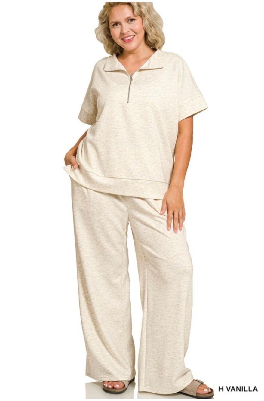 Zenana Heather Vanilla Scuba Quarter Zip Set – Size 1X
